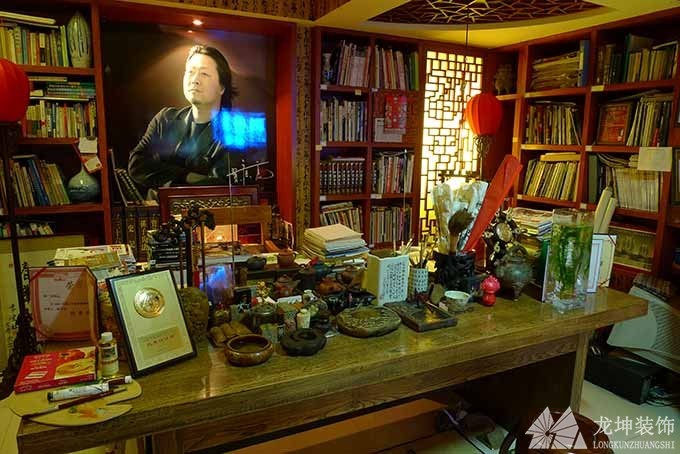 質(zhì)樸雅致中式風格90平米復(fù)式書房背景墻裝修效果圖