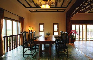 暗紅古風中式300平米別墅餐廳吊頂裝修效果圖