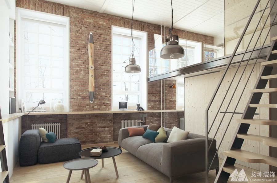 現代舒適北歐風格90平米復式loft客廳吊頂裝修效果圖